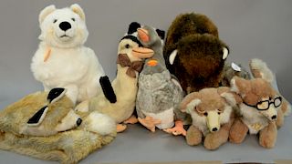 Group of nine large Steiff stuffed animals including Graugans 32 Goose, Kuschel Squeaky Duck, Fox Shawl, Polar Fuchs Dog, pan