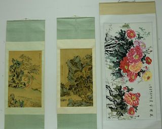 Group of three Oriental scrolls including a watercolor on silk of a mountainous landscape (32" x 18"), watercolor on silk Gei