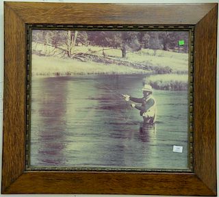 Two mission oak framed prints including fly fisherman and sporting print