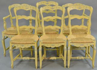 Set of six rush seat chairs, two with arms.