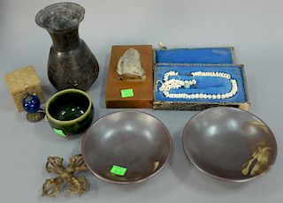 Box lot to include Berney Blondeau Swiss watch in costume case, Chinese blue ball finial in box, carved figural stone (possib