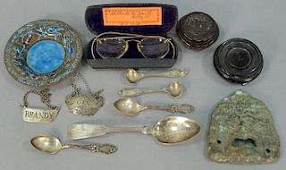 Group lot with bronze artifact, silver spoons, two silver liquor labels, spectacles, Chinese dish and two small stands.