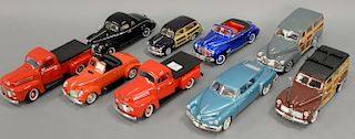 Group of nine 1940's model cars including blue 1948 Tucker 1:18 scale, blue 1949 Woody Wagon 1:24 scale, black 1940 Ford Seda