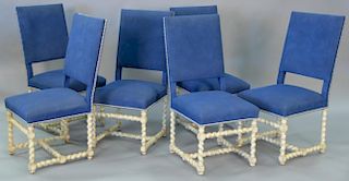 Set of six Jacobean style dining chairs with suede style upholstery.