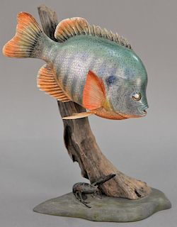 Gallagher Bull Blue Gille Decoy sculpture, carved wood and painted fish with crayfish, signed W. Gallagher. ht. 13in.