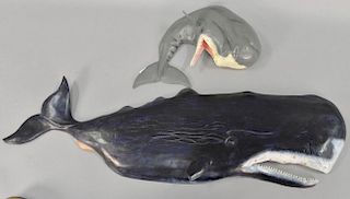 Two Gallagher carved wall sculptures of whales, "Moby-Dick or the Whale" and "There She Blows", carved and painted, signed Ga