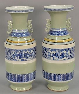 Pair of large Chinese porcelain blue and white vases with celadon ground. ht. 24in.