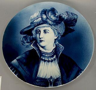 Large Villeroy & Boch charger, blue and white portrait of a woman with a bonnet.