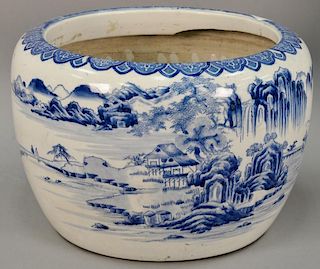 Large blue and white Chinese porcelain planter with hand painted landscape scene. ht. 12in., opening dia. 14in.