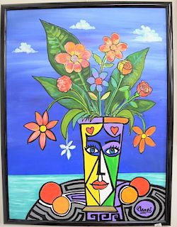 Jon Planas oil on canvas still life of flowers in a vase, Pop Art, signed lower right: Planas and written and signed on verso