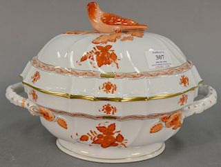Herend porcelain covered oval tureen with bird finial  on cover and twin handles. ht. 8 1/2in., lg: 13in.