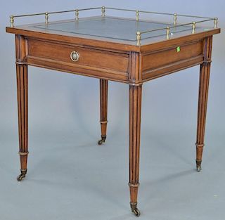 Baker leather top table with brass gallery. ht. 30in., top: 27 1/2" x 27 1/2".