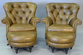 Four piece Thomasville Vienna lot including pair of contemporary leather armchairs having tufted backs and 