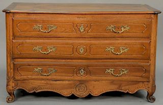 Louis XV fruitwood commode with three drawers, 18th century. 
(restored) 
ht. 31in., wd. 53in., dp. 24in.