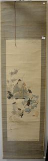 Watercolor on silk Oriental scroll depicting three scholars hunting, fishing and antiques.