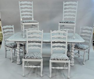 Seven piece set to include Jacobean style table (no leaves), and six ladder back chairs.