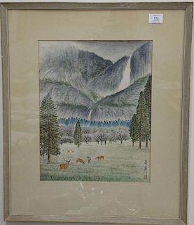 Four framed Asian pieces to include woodblock print overlooking Kyoto in moonlight, a watercolor on paper landscape of bamboo