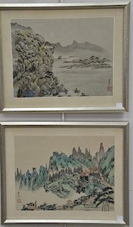 Set of three Oriental watercolor on silk paintings including Mountainous Landscape, Mountainous Landscape with Scrolling Pine