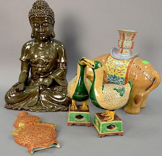 Group of Chinese porcelain to include Famille Rose elephant, large tea green glazed Buddha figure, pair of duck covered boxes