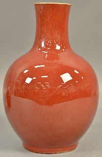 Chinese sang de beouf globular vase, oxblood red with bulbous body. <R>ht. 12in.