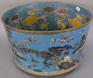 Large cloisonne wash basin with enameled scrolling pines, animals, and birds amongst water. ht. 12in., dia. 23 3/4in.
