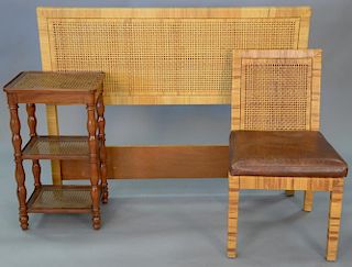Three piece lot to include woven double headboard (ht. 43in.), woven with leather seat, and three tier caned stand (ht. 30in)