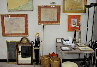 Large lot to include three framed maps, abstract oil on canvas, mirror, six additional framed pieces, a fire screen, seven um
