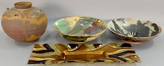 Four large ceramic and art glass pieces to include large glazed porcelain center bowl (dia