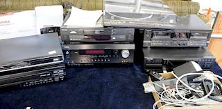 Group of electronics to include double cassette deck, Technics turntable SL-BD22, three Toshiba DVD players, two CD players,