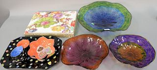 Group of art glass and ceramic items to include three Chihuly style art glass center bowls signed on base, eight Childs Macke
