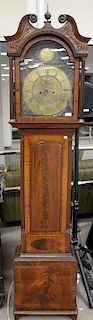 English mahogany tall clock with carved inlaid case, brass dial, and brass works, dial marked Stewart Ayr and engraved Burns