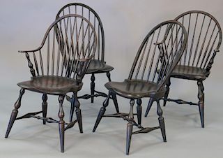 Set of four Warren Chair Works custom Windsor style chairs, two arm and two side, marked WCW on bottoms.