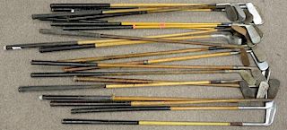 Group of twenty golf clubs, mostly wood shaft including Walter Hagen Deluxe putter, T. Stewart, lefty or righty, Robert Jones