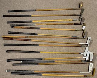 Fifteen wood shaft golf clubs including Tom Stewart Special, Jigger, Tom Stewart two iron, Johnny Bulla brass head putter, J.