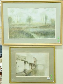 Two framed watercolors on paper including Canal in the Fog (14 1/2" x 20") signed illegibly lower right and Morning Marsh (18