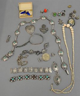 Box lot to include SouthWest U.S. silver and turquoise, coral bead necklace, gold ring and pin, and miniature portrait.