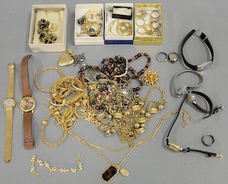 Box lot of several gold rings, heart shaped pendant, costume jewelry, watches, and Pratt & Whitney pin.