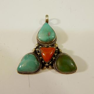 STERLING SILVER CORAL TURQUOISE PENDANT