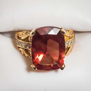 Square Cut Sunstone and Diamond 14 KT Gold Ring