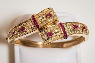 Round and Square Cut Ruby and Diamond 14 KT Gold Bangle Bracelet