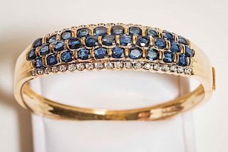 Oval Faceted Sapphire and Diamond 14 KT Bangle Bracelet