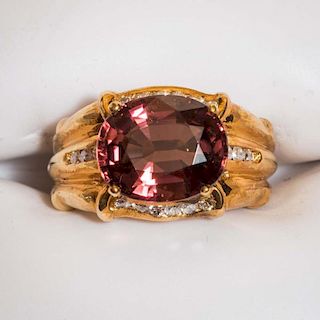 Natural Rubellite and Diamond 18 KT Gold Ring