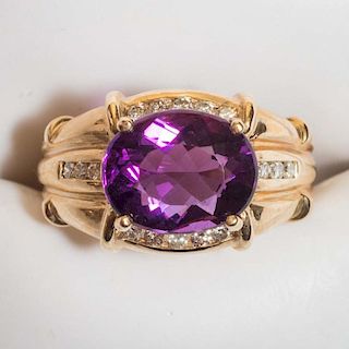 Purple Fluorite and Diamond 14 KT Gold Ring