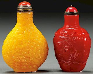 TWO CHINESE CARVED PEKING GLASS SNUFF BOTTLES
