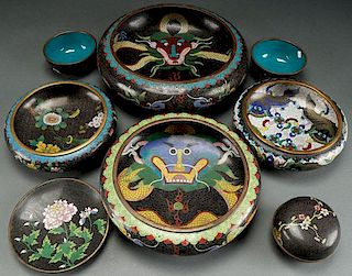 GROUP OF EIGHT VINTAGE CHINESE ENAMELED CLOISONNE