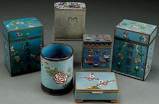 SIX CHINESE ENAMELED CLOISONNÉ CONTAINERS