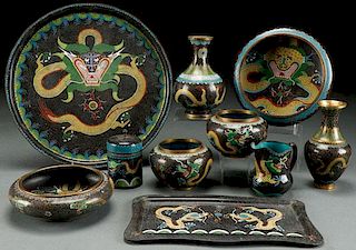A TEN PIECE GROUP OF CHINESE ENAMELED CLOISONNÉ