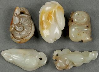 A GROUP OF FIVE FINE CHINESE CARVED JADE ORNAMENT