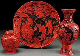 A THREE PIECE GROUP OF CHINESE CINNABAR CARVED