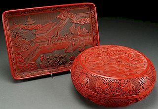 A CHINESE CARVED CINNABAR COVERED BOX AND TRAY